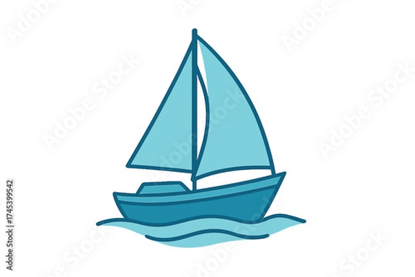 Fototapeta Simple stylized blue sailboat sailing on ocean waves isolated on white background
