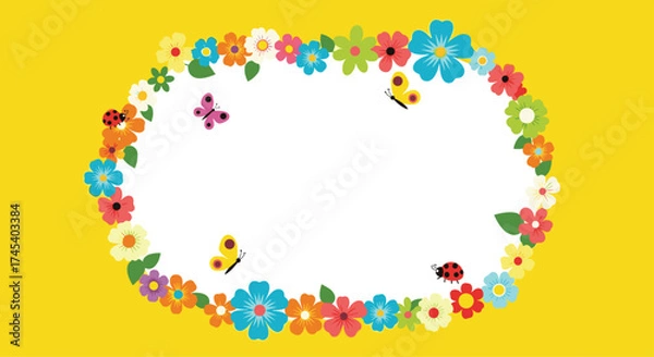 Fototapeta A vibrant oval frame adorned with colorful flowers ladybugs and butterflies against a bright yellow background.