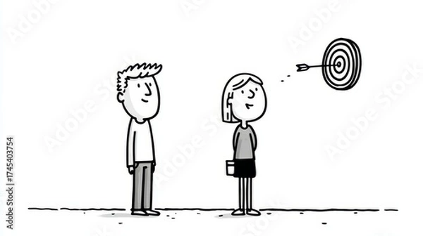 Fototapeta Cartoon shows two people observing dart in playful scene two figures in animated style focus on dartboard target