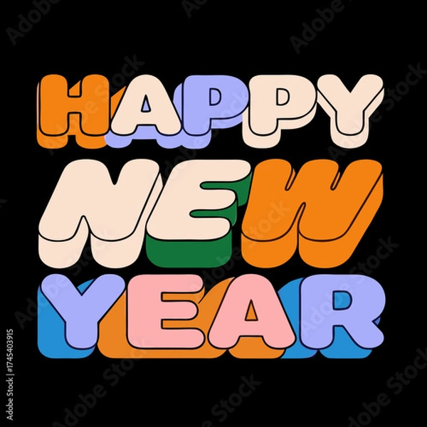 Fototapeta Retro Style Happy New Year Text with Bold 3D Letters and Colorful Blocks on Black Background lettering