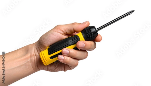 Fototapeta Professional Studio Shot of a Person’s Hand Gripping a Modern Ergonomic Screwdriver Designed for DIY and Technical Maintenance Tasks