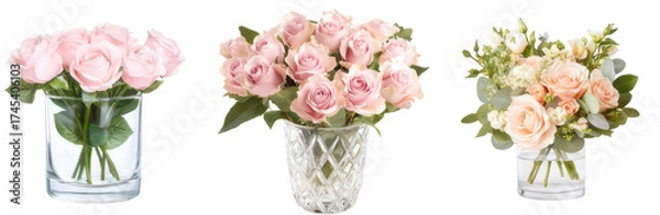 Fototapeta Elegant Floral Symphony: A captivating collection of delicate bouquets, showcasing an array of vibrant rose blossoms in exquisite vases, each arrangement a testament to beauty and grace.