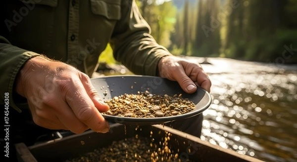 Fototapeta A person's hands are carefully panning for gold in a river, sifting through gravel and sand with a pan, surrounded by a natural forest environment.