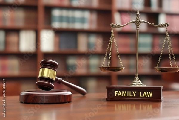 Fototapeta Family Law Concept with Gavel and Scales in a Law Library Setting