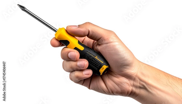 Fototapeta Professional Studio Shot of a Person’s Hand Gripping a Modern Ergonomic Screwdriver Designed for DIY and Technical Maintenance Tasks