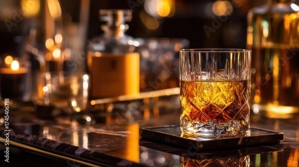 Fototapeta Whiskey drink served at luxury bar