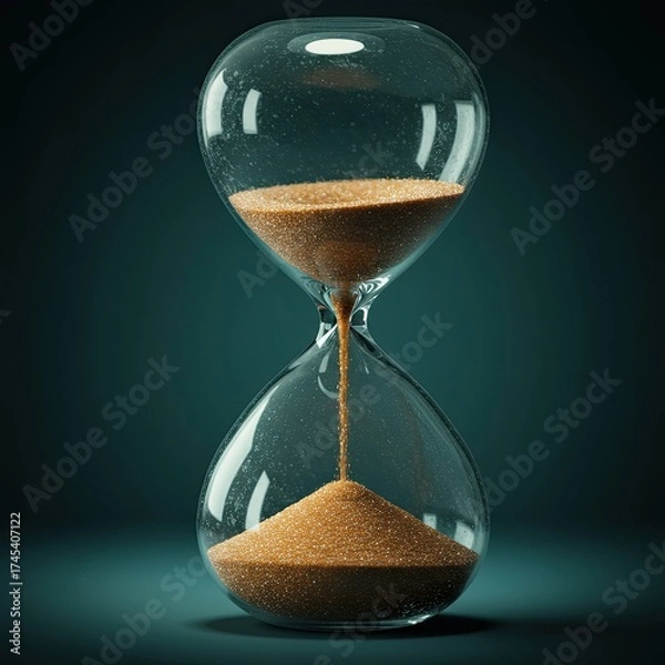 Fototapeta Sand Timer with Flowing Grains on Dark Teal Background