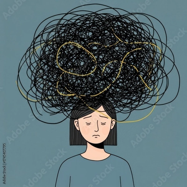Fototapeta Stressed Woman with Tangled Thought Cloud on Blue Background