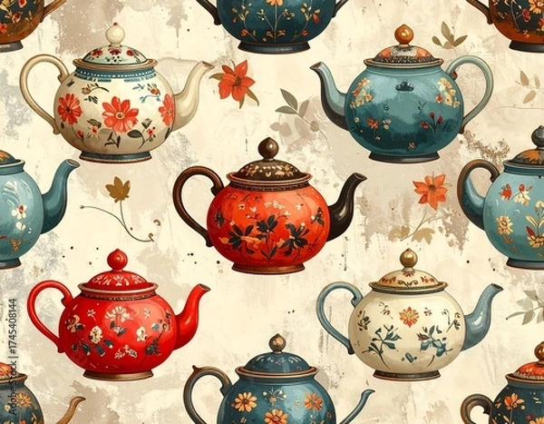 Obraz vintage teapots pattern 