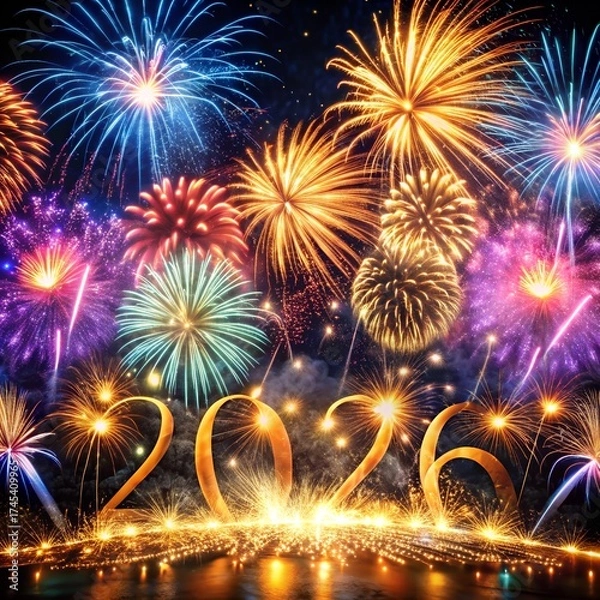 Obraz Colorful Fireworks Explode in the Night Sky for 2026 Celebration