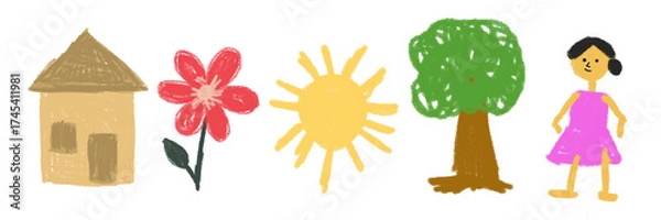 Fototapeta Child's Drawing House, Flower, Sun, Tree, and Person