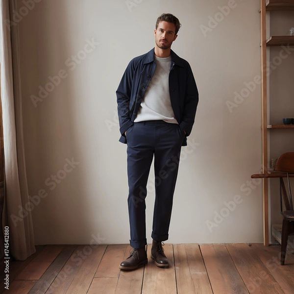 Fototapeta Stylish Navy Pants for Men in Minimal Indoor Setting