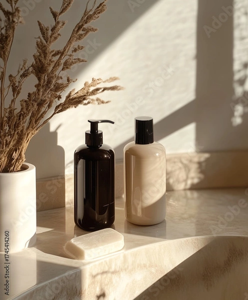 Fototapeta Aesthetic rose gold, brown, and light beige care products with a luxurious and minimalist design. Perfect for clean beauty and premium branding.