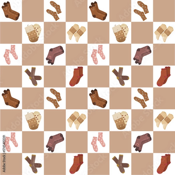 Fototapeta Playful socks seamless pattern in beige and pink shades — soft textile background for cozy projects.