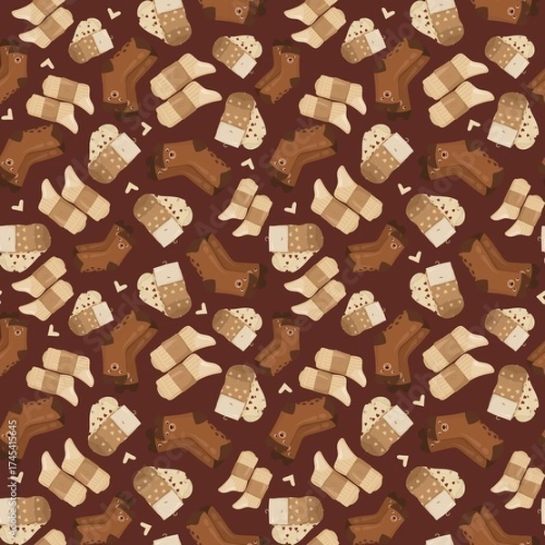Fototapeta Warm socks seamless pattern in brown tones — cozy winter design for textile and decor.