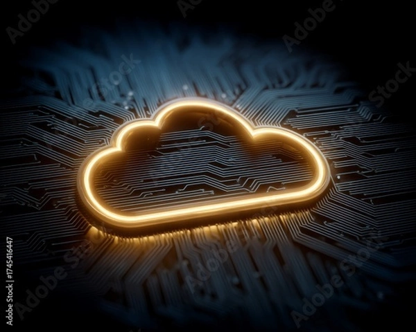 Fototapeta Glowing cloud symbol embedded on a dark electronic circuit board symbolizing digital data storage and modern technology infrastructure