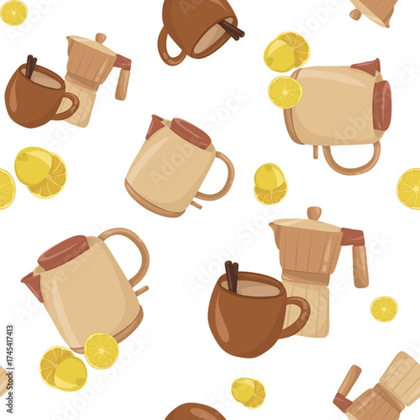 Fototapeta Bright lemon and teapot seamless pattern — cozy tea time background with citrus elements.
