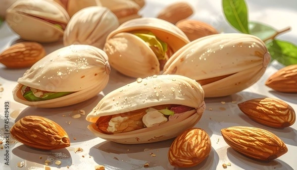 Fototapeta Illustration of scattered almonds on a kitchen table under warm sunlight, realistic digital artwork with detailed textures and soft shadows, depicting organic food and natural lifestyle concept.