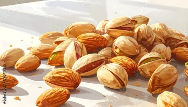 Fototapeta Illustration of scattered almonds on a kitchen table under warm sunlight, realistic digital artwork with detailed textures and soft shadows, depicting organic food and natural lifestyle concept.