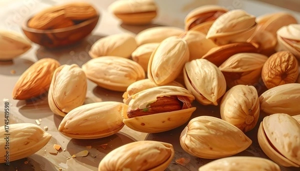 Fototapeta Illustration of scattered almonds on a kitchen table under warm sunlight, realistic digital artwork with detailed textures and soft shadows, depicting organic food and natural lifestyle concept.