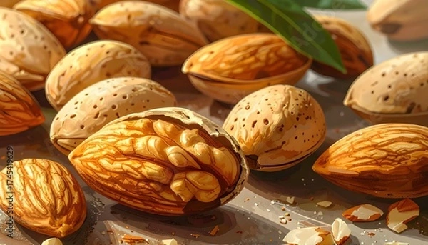 Fototapeta Illustration of scattered almonds on a kitchen table under warm sunlight, realistic digital artwork with detailed textures and soft shadows, depicting organic food and natural lifestyle concept.