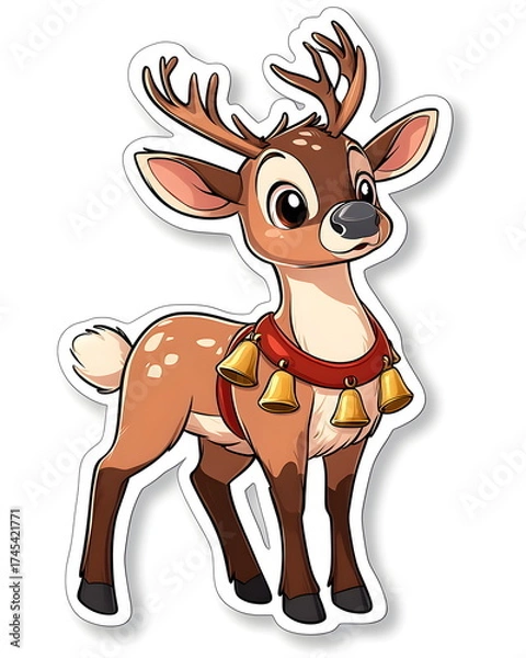 Fototapeta Playful northern reindeer with soft brown fur and a red harness decorated with golden bells, drawn in a whimsical festive style. Soft winter tones, flat colors, clean outline, bold lines, white border