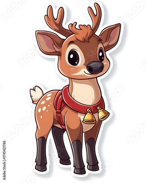 Fototapeta Playful northern reindeer with soft brown fur and a red harness decorated with golden bells, drawn in a whimsical festive style. Soft winter tones, flat colors, clean outline, bold lines, white border