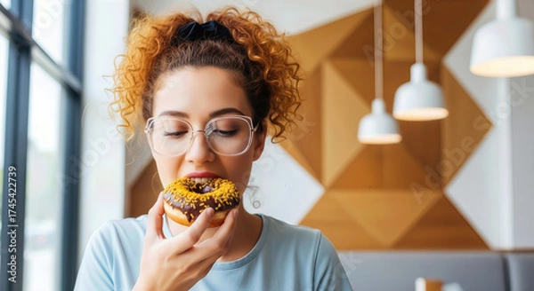 Fototapeta Young woman with curly hair and glasses eating a chocolate donut with sprinkles in a cafe, enjoying a sweet treat