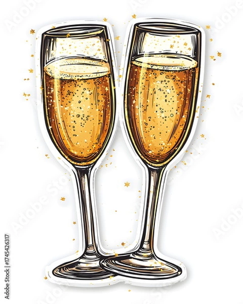 Fototapeta Two champagne glasses clinking with golden sparkles, drawn in a playful and whimsical festive style. Soft elegant tones, flat colors, clean outline, bold lines, and a white border, symbolizing joyful 