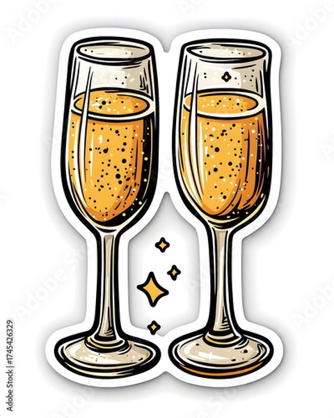 Fototapeta Two champagne glasses clinking with golden sparkles, drawn in a playful and whimsical festive style. Soft elegant tones, flat colors, clean outline, bold lines, and a white border, symbolizing joyful 