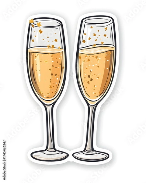 Fototapeta Two champagne glasses clinking with golden sparkles, drawn in a playful and whimsical festive style. Soft elegant tones, flat colors, clean outline, bold lines, and a white border, symbolizing joyful 