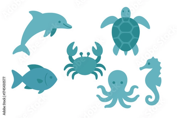 Fototapeta Stylized collection of marine animal icons including dolphin, sea turtle, crab, and octopus