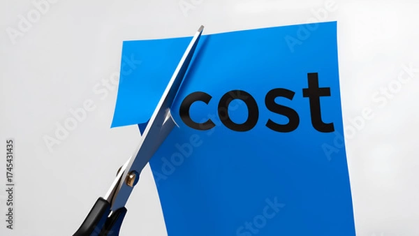 Obraz Cutting costs with scissors on a blue piece of paper while focusing on financial savings in a business context