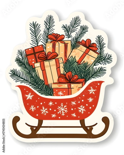 Fototapeta A festive sleigh sticker filled with gifts and pine branches in a playful whimsical style. Soft red and beige tones, flat colors, clean outline, bold lines, and a white border for a cozy Christmas.