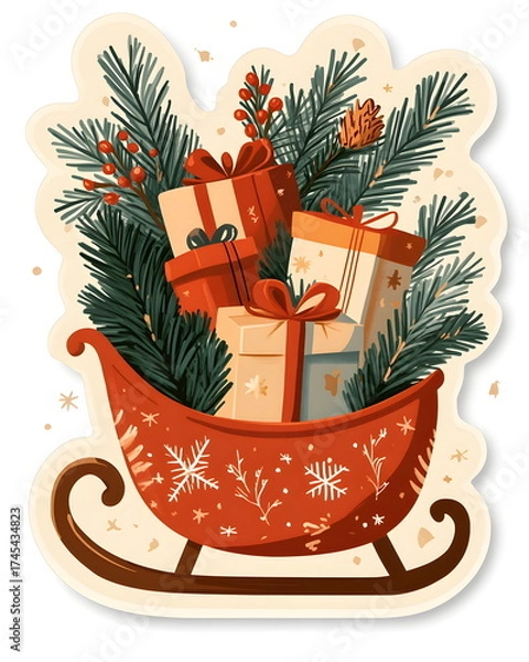 Fototapeta A festive sleigh sticker filled with gifts and pine branches in a playful whimsical style. Soft red and beige tones, flat colors, clean outline, bold lines, and a white border for a cozy Christmas.