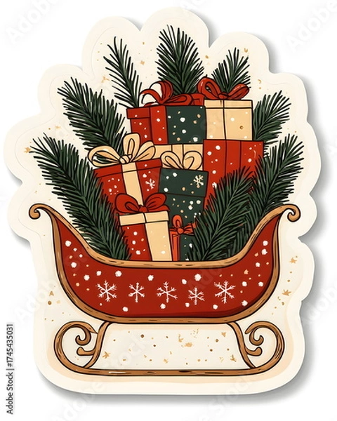 Fototapeta A festive sleigh sticker filled with gifts and pine branches in a playful whimsical style. Soft red and beige tones, flat colors, clean outline, bold lines, and a white border for a cozy Christmas.