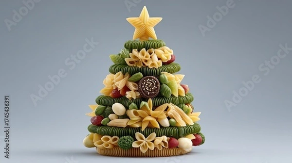 Fototapeta Creative christmas tree made of pasta with star on top and colorful decorations on gray background