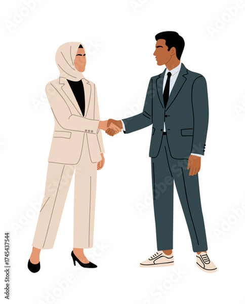 Fototapeta Flat vector illustration of a stylish Arab woman in modern hijab and beige suit shaking hands with a man in blue suit and sneakers, isolated on transparent background