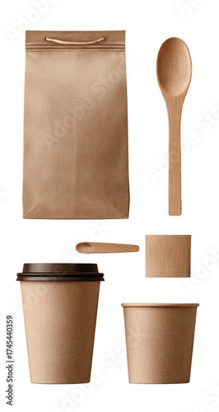 Fototapeta Beige paper packaging, utensils, and cups