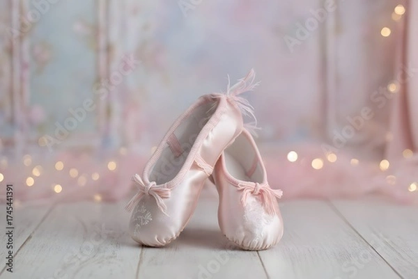 Fototapeta Two pink ballet slippers are standing next to each other on a wooden floor. The slippers are adorned with bows and appear to be new. Concept of elegance and grace