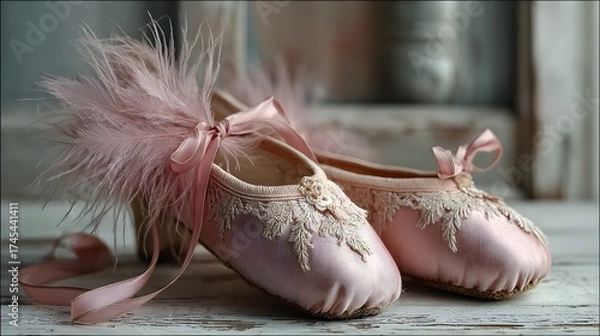 Fototapeta Two pink ballet slippers with ribbons on them. The slippers are decorated with feathers and lace