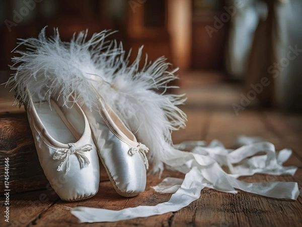 Fototapeta Two white ballet slippers with feathers on the toe are on a wooden surface. The slippers are arranged in a way that they are facing the camera, and the feathers are visible on the toes