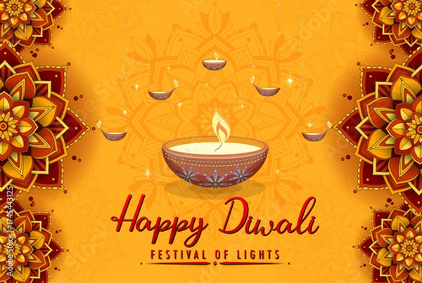 Obraz Happy Diwali Festival of Lights Background with Ornate Glowing Lamps, Decorative Floral Mandala Borders, Vibrant Indian Celebration Design, and Elegant Festive Greeting Card Artwork