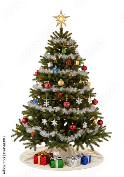 Fototapeta Christmas tree with decoration isolated on white or transparent background