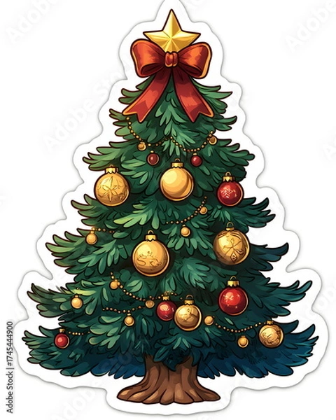 Fototapeta A sticker of a decorated Christmas tree with golden ornaments and a red ribbon bow on top. Playful whimsical style with soft pastel festive tones, flat colors, clean outline, bold lines, and a white b