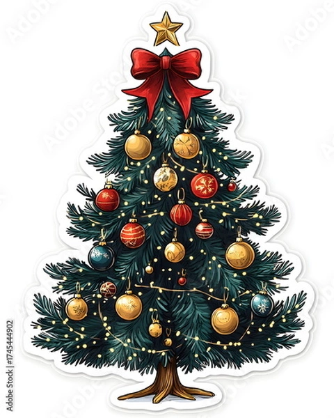 Fototapeta A sticker of a decorated Christmas tree with golden ornaments and a red ribbon bow on top. Playful whimsical style with soft pastel festive tones, flat colors, clean outline, bold lines, and a white b