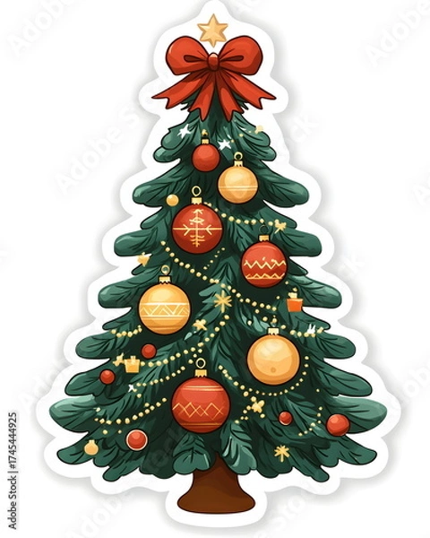Fototapeta A sticker of a decorated Christmas tree with golden ornaments and a red ribbon bow on top. Playful whimsical style with soft pastel festive tones, flat colors, clean outline, bold lines, and a white b