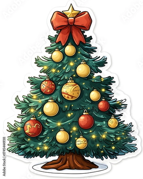 Fototapeta A sticker of a decorated Christmas tree with golden ornaments and a red ribbon bow on top. Playful whimsical style with soft pastel festive tones, flat colors, clean outline, bold lines, and a white b