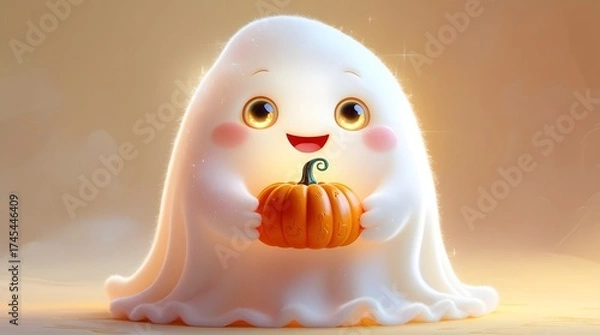 Fototapeta Adorable cute ghost holding a small pumpkin with a warm glow