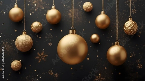 Fototapeta Glistening golden ornaments suspended against a dark, festive background, creating a warm ambiance.